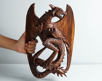 Dragon Wall Decor, Hanging Wooden Dragon, Mystical Animal, Ceiling, Unique, Wood Carving, Rustic Decor, Gothic Decoration, Memorial Gift
