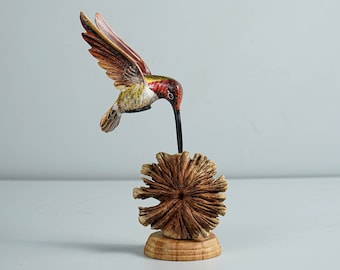 Colorful Hummingbird Statue, Painted Sculpture, Wood Carving Figure, Bird Statue, Colibri, Table Decor, Patio Decoration, Memorial Gift