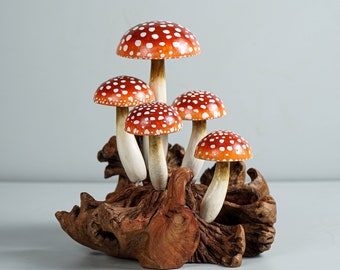 Red Mushroom Statue, Colorful, Painted Art, Rustic, Fungi, Handmade Sculpture, Wood Carving, Shelf Decor, Birthday Gift, Christmas Gift