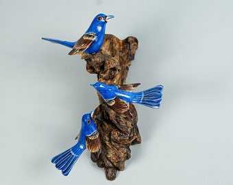 Blue Canary Wall Statue, Hanging Art, Indigo Bunting Sculpture, Animal, Miniature, Figurine, Interior Decor, Gift for Her, Family Gift