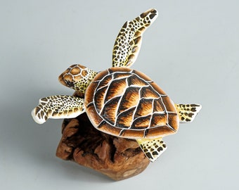 Brown Turtle Sculpture, Sea Turtle, Wood Carving, Ocean, Hand-painted Figurine, Office Desk Decor, Summer, Apartment Decor, Gift for Him