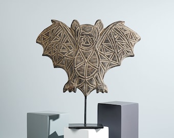Timor Bat Wall Decor, Animal on Stand, Sculpture, Wood Carving, Bat Statue, Traditional Art, Bat Figurine, Gift for Dad, Memorial Gift