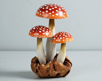 Colorful Mushroom Sculpture, Handmade Art, Painted Statue, Wood Carving, Magical, Red Amanita, Apartment decor, Christmas Gift