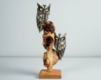 Couple Owl on a Tree Branch, Painted Figurine, Colorful Statue, Wooden Ornament, Sculpture, Bedroom Decor, Wedding Gift, Family Gifts