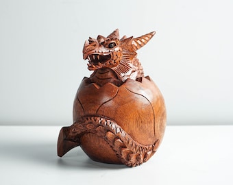 Newborn Dragon Sculpture, Baby Dragon, Egg, Mystical Animal, Wood Carving, Wooden Figurine, Bedroom Decor, Grandfather Gift, Gift for Him
