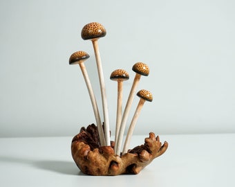 Enoki Mushroom Sculpture, Brown Mushroom, Forest, Sculpture, Wood Carving, Unique Decor, Rustic, Living Room Mushroom, Holiday Gift