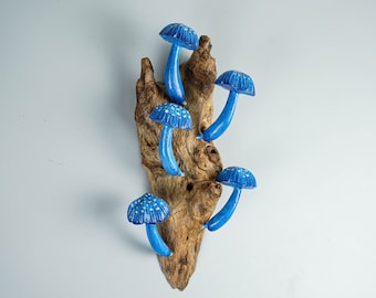 Blue Mushroom Wall Art, Hanging Statue, Colorful Mushroom, Handicraft, Burl Wood, Tropical Decor, Library, Art, Wedding Decor, Gift for Him