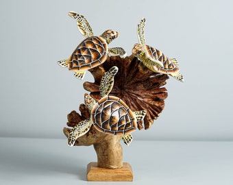 Turtle Sculpture, Sea Turtle, Wood Carving, Ocean, Hand-painted Figurine, Home Decor, Summer, Table Room Decor, Family Gift, Gift for Mom