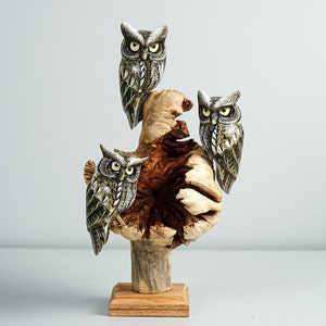Group of Owls on a Tree Branch, Painted Figurine, Colorful Art, Wooden Ornament, Unique Sculpture, Family Decor, Father birthday gift