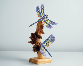 Blue Dragonfly Sculpture, Couple, Wood Carving, Handmade Statue, Unique Figurine, Fairy, Garden Decoration, Wedding Gift, Couples Gift