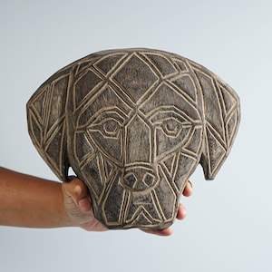 Dog Face of Timor Wall Art, Dog on Stand, Wood Carving, Animal Statue, Traditional Art, Handmade Statue, Halloween Decor, Grandfather Gift