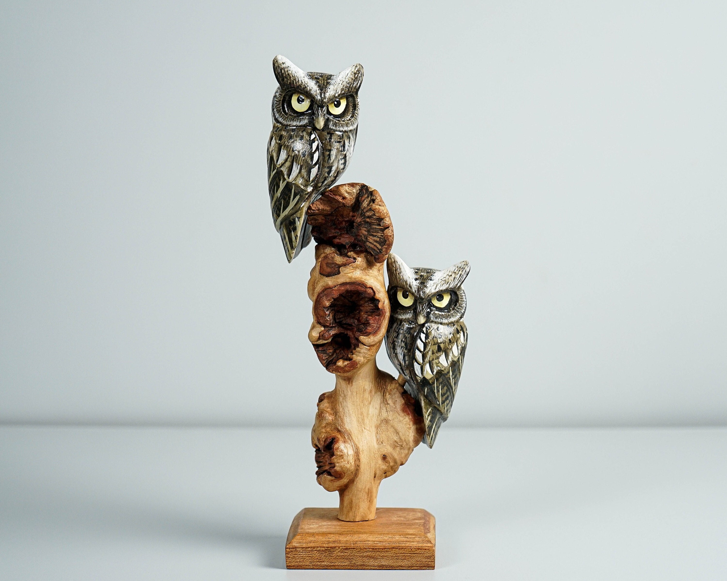 Couple Owl on a Tree Branch, Painted Figurine, Colorful Statue, Wooden Ornament, Personalized, Owl S
