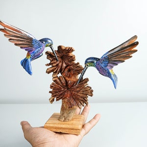 Blue Hummingbirds Statue, Colorful, Duo, Couple, Painted Sculpture, Wood Carving Figure, Bird Statue, Home decor, Wedding Decor, Lucky Gifts image 6