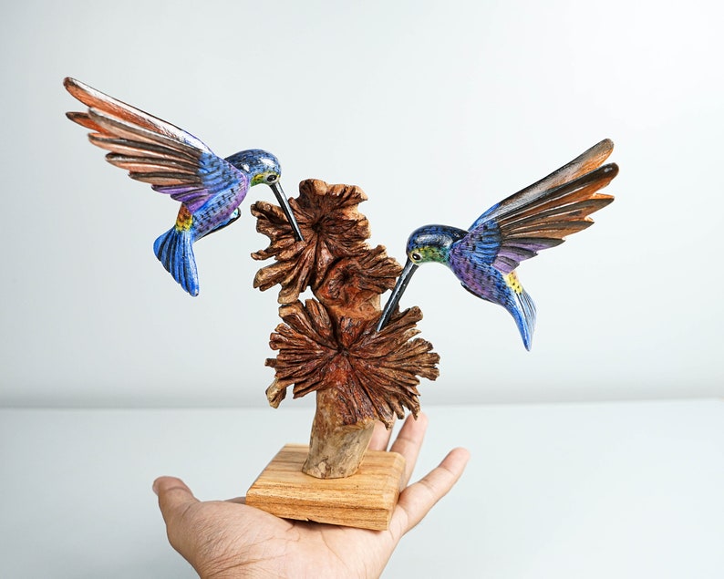 Blue Hummingbirds Statue, Colorful, Duo, Couple, Painted Sculpture, Wood Carving Figure, Bird Statue, Home decor, Wedding Decor, Lucky Gifts image 6