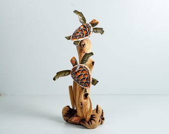 Couple Turtle Over Coral Reef Sculpture, Sea Turtle, Handmade Statue, Wood Carving, Ocean, Room Decor, Anniversary Gift, Lucky Gifts