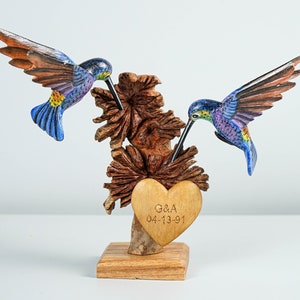 Blue Hummingbirds Statue, Colorful, Duo, Couple Statue, Painted Sculpture, Wood Carving, Bird Statue, Home Decor, Wedding Gift