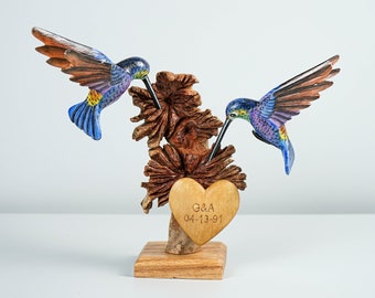 Statue de colibris bleus, coloré, duo, couple, sculpture peinte, sculpture sur bois, statue d'oiseau, décoration d'intérieur, décoration de mariage, cadeaux porte-bonheur