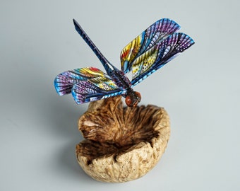 Dragonfly on flower, Colored dragonfly, Blue dragonfly statue, Tropical decor, Wood Figurine, Office Decor, Gift for Sister, Gift for Her