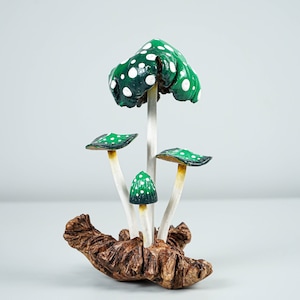 Green Mushroom Sculpture, Colorful Statue, Painted Figurine, Wood Carving, Rare Mushroom, Hand Carved, Bedroom Decor, Gift for Him