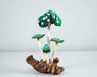 Green Mushroom Sculpture, Colorful Statue, Painted Figurine, Wood Carving, Magical, Kitchen Decoration, Bedroom Decor, Mother Gift Idea