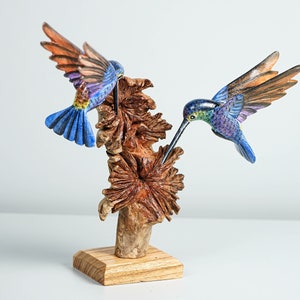 Blue Hummingbirds Statue, Colorful, Duo, Couple, Painted Sculpture, Wood Carving Figure, Bird Statue, Home decor, Wedding Decor, Lucky Gifts image 7