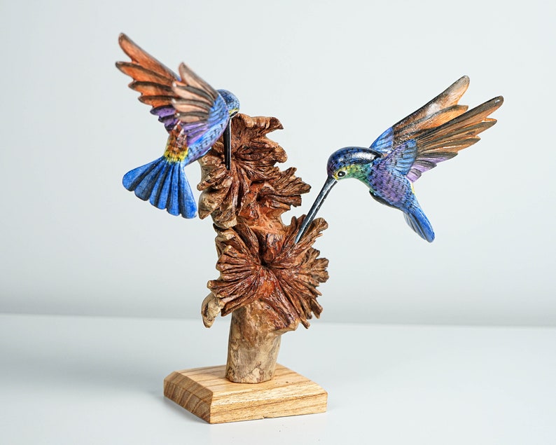 Blue Hummingbirds Statue, Colorful, Duo, Couple, Painted Sculpture, Wood Carving Figure, Bird Statue, Home decor, Wedding Decor, Lucky Gifts image 7