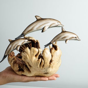 Jumping Dolphins Family, Swimming Dolphin, Antique, Wood Caving, Ocean, Handcrafted, Painted Dolphin, Bookshelf Decor, Family Gift