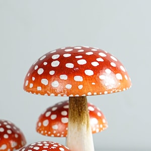May include: Close-up of several decorative mushrooms with red caps and white spots. The mushroom stems are light brown, and the caps have a glossy finish. The mushrooms are arranged against a light gray background.