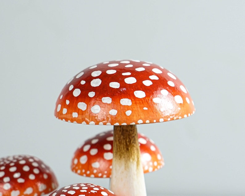 May include: Close-up of several decorative mushrooms with red caps and white spots. The mushroom stems are light brown, and the caps have a glossy finish. The mushrooms are arranged against a light gray background.