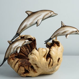 Jumping Dolphin family, Swimming Dolphin, Wood Caving, Table decor, Ocean, Painted Dolphin, Table Home Decor, Gift for Parents, Family Gift image 4