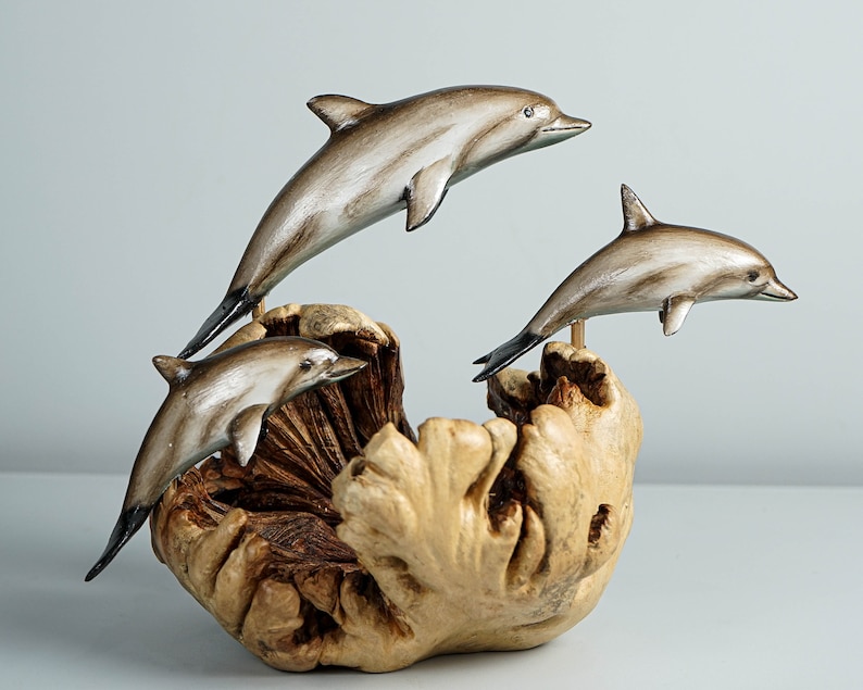 Jumping Dolphin family, Swimming Dolphin, Wood Caving, Table decor, Ocean, Painted Dolphin, Table Home Decor, Gift for Parents, Family Gift image 4