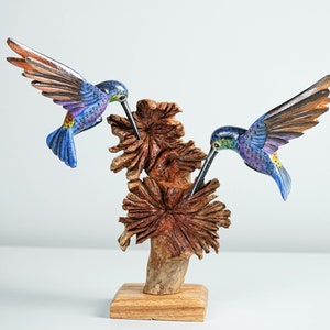 Blue Hummingbirds Statue, Colorful, Duo, Couple, Painted Sculpture, Wood Carving Figure, Bird Statue, Home decor, Wedding Decor, Lucky Gifts image 4