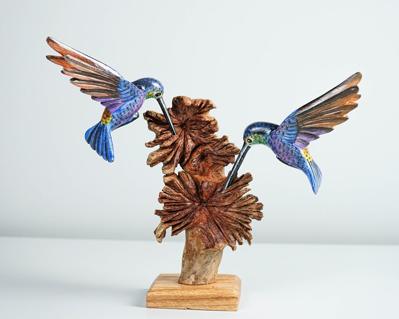 Blue Hummingbirds Statue, Colorful, Duo, Couple, Painted Sculpture, Wood Carving Figure, Bird Statue, Home decor, Wedding Decor, Lucky Gifts image 4