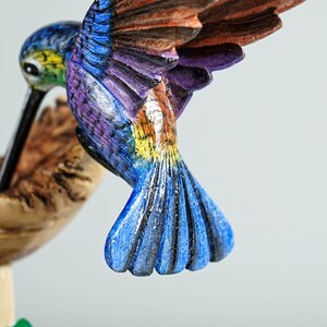 Blue Hummingbird with Green Mushrooms Statue, Painted Sculpture, Wood Carving, Unique Art, Bird Figurine, Christmas Decor, Best Friend Gift image 10