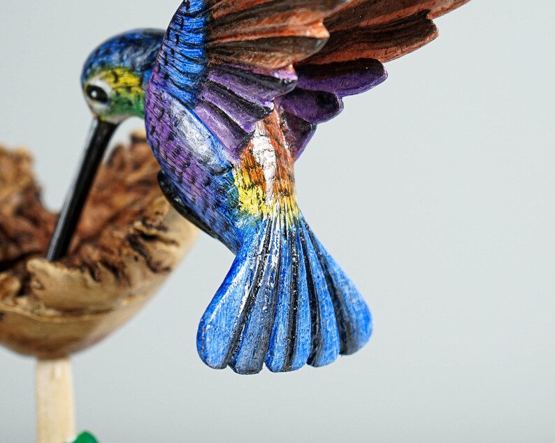 Blue Hummingbird with Green Mushrooms Statue, Painted Sculpture, Wood Carving, Unique Art, Bird Figurine, Christmas Decor, Best Friend Gift image 10
