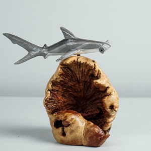 Grey Hammerhead Shark Duo Statue, Wooden Art, Hand Painted, Antique, Handcrafted, Unique Sculpture, Room Decoration, Birthday Gift for Him