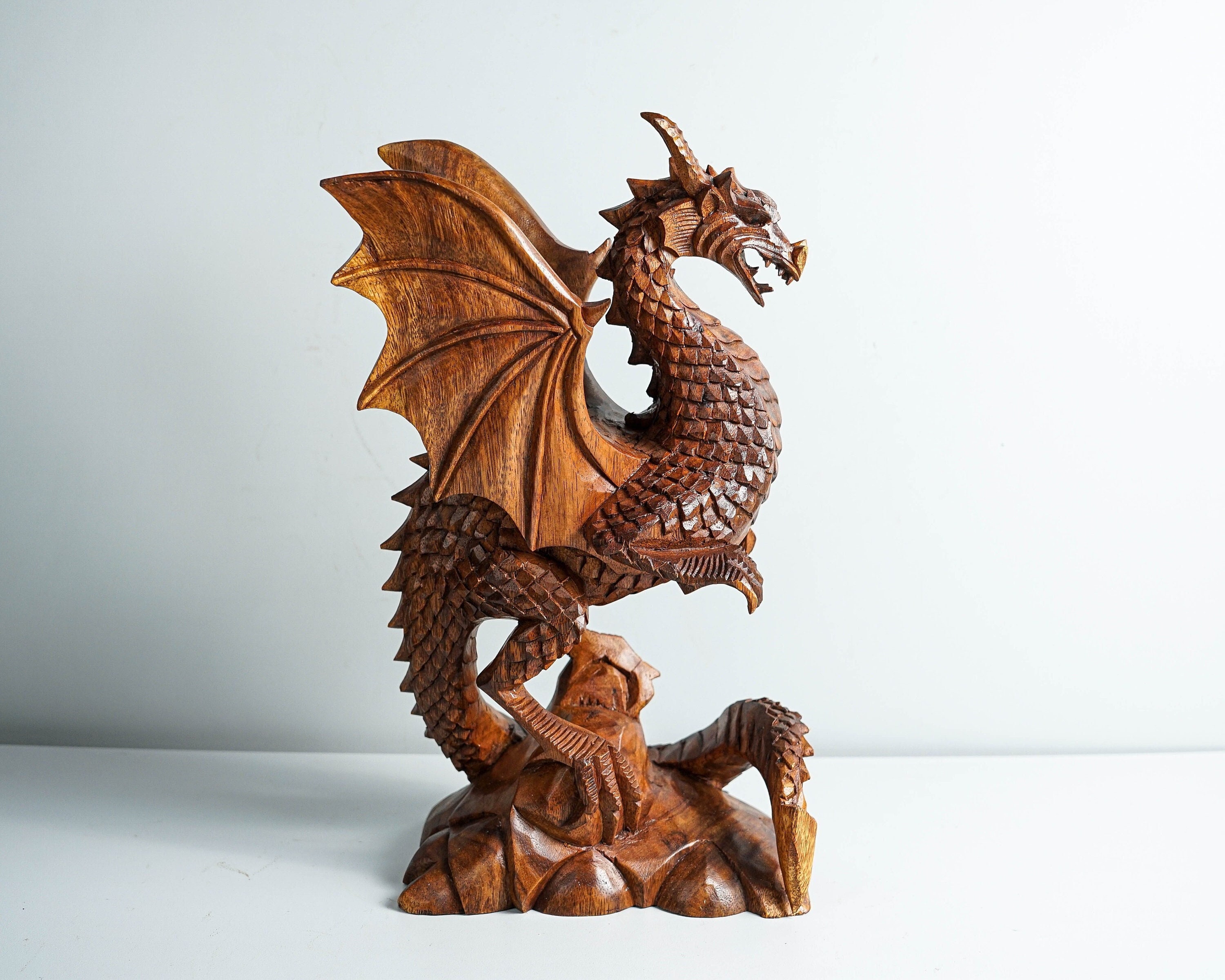 Dragon Statue, Dragon Figurine, Mythology Animal, Wood Carving Dragon,  Unique, Hand Carved, Dining Room Decor, Gift for Dad, Memorial Gift 