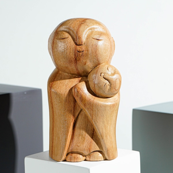 Mother and Son Jizo Statue, Buddha Sculpture, Wood Figurine, Wooden Jizo, Office Decor, Nursery Décor, Table Decor, Gift for Her, Birthday