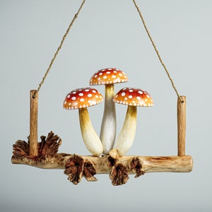 Red Mushroom Hanging Sculpture, Wall Art, Fungi, Wood Carving, Forest Decor, Natural Ceiling Decor, Personalized, Grandma Gift, Realistic