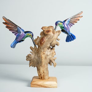 Blue Hummingbirds Statue, Colorful, Duo, Couple, Painted Sculpture, Wood Carving Figure, Bird Statue, Home decor, Wedding Decor, Lucky Gifts image 9