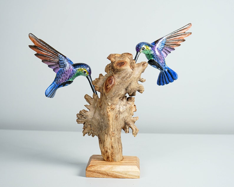 Blue Hummingbirds Statue, Colorful, Duo, Couple, Painted Sculpture, Wood Carving Figure, Bird Statue, Home decor, Wedding Decor, Lucky Gifts image 9