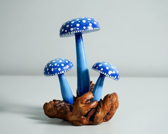 Blue Mushroom Sculpture, Colorful, Art, Painted Statue, Wood Carving, Forest, Handmade, Woodland Decor, Living Room Decor, Mother's Day Gift