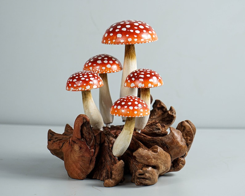 May include: A cluster of five decorative mushrooms with red caps and white spots. The mushrooms have beige stems and are attached to a piece of natural wood. The caps are a vibrant red-orange color.