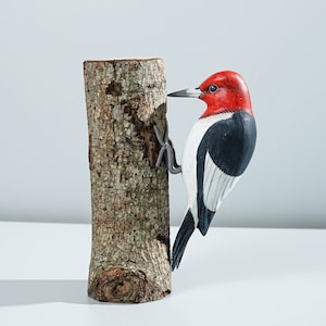 Red Headed Woodpecker Statue, Bird Sculpture, Natural, Decorative, Wood Carving, Colorful Art, Artwork, Home Table Decor, Christmas Ornament