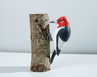 Red Headed Woodpecker Statue, Bird Sculpture, Natural, Wood Carving, Office Decor, Interior Decor, Gift for Father, Birthday, Memorial Gift