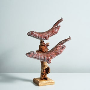 Wooden Couple Otter Sculpture, Cute Animal, Swimming, Natural, Wildlife, Handmade Statue, Wood Carving, Living Room Decor, Grandma Gift