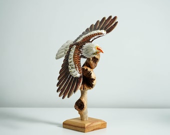 Flying Bald Eagle Sculpture, Painted Statue, Wood Carving Figure, Bird, Freedom, Office Decor, Personalized, Unique Decor, Gift for Her