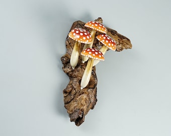Red Hanging Mushroom Sculpture, Wall Art, Wood Carving, Unique Figurine, Fairy, Forest Decor, Patio Decor, Office Decor, Gift for Girlfriend