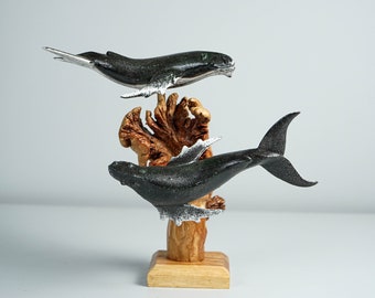 Black Humpback Whale Duo Statue, Wooden Art, Painted, Unique Sculpture, Ocean Decor, Home Decoration, Gift for Boyfriend, Gift for Him