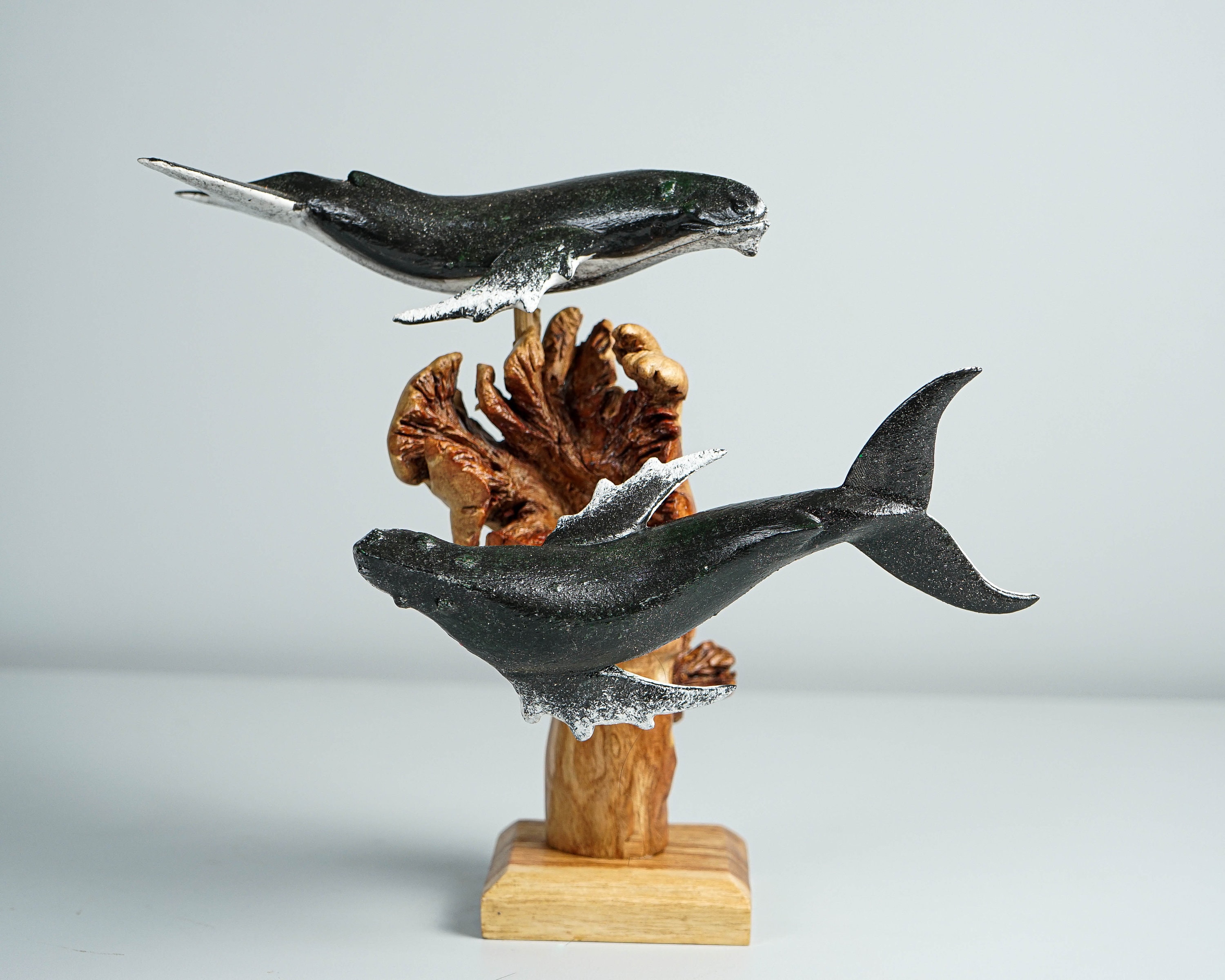 Black Humpback Whale Duo Statue, Wooden Art, Painted, Colorful Art